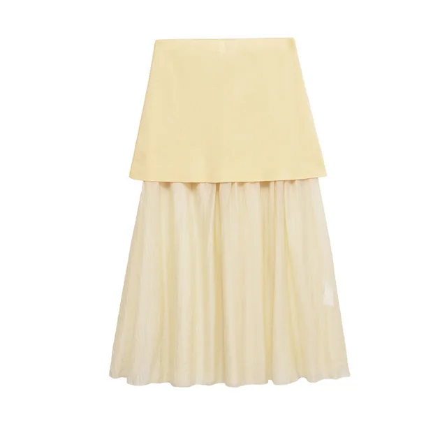 Solid Color Knitted Pleated Stitching Skirt Apricot - Shop at LoveMi