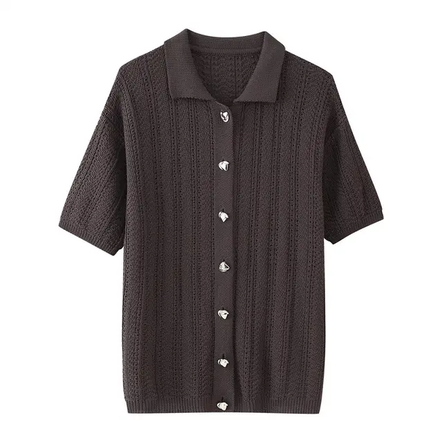 Fashion Texture Knitted Slim Straight Lapel Short Sleeve Trousers Top - Shop at LoveMi