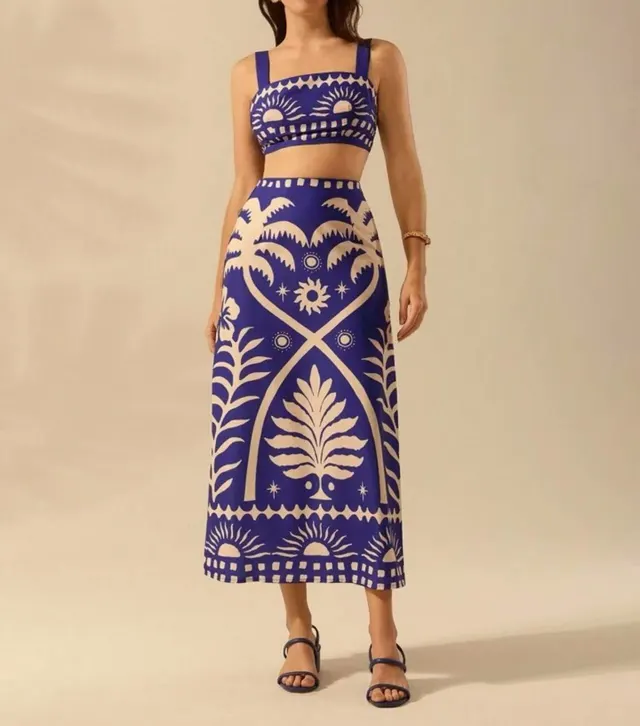 Women's Fashion Printed Sling Long Skirt Dark Blue - Shop at LoveMi