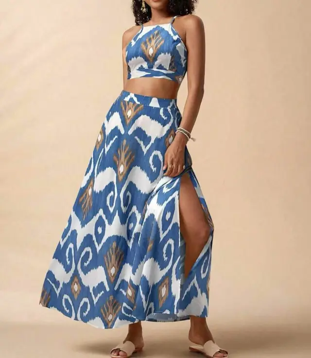 Holiday Floral Print Elegant Two piece Set Overall Dress Set Peacock Blue - Shop at LoveMi