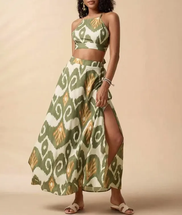 Holiday Floral Print Elegant Two piece Set Overall Dress Set Yellow Green - Shop at LoveMi