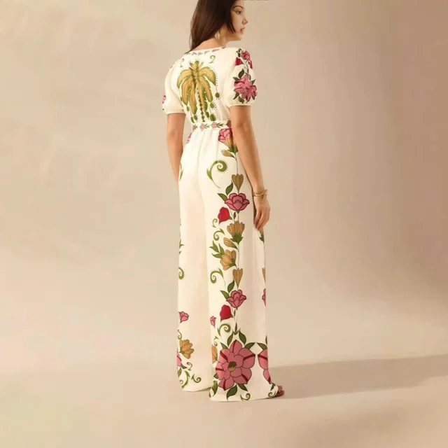 Women's Deep V neck Printed Fashion Wide leg Jumpsuit Off White - Shop at LoveMi