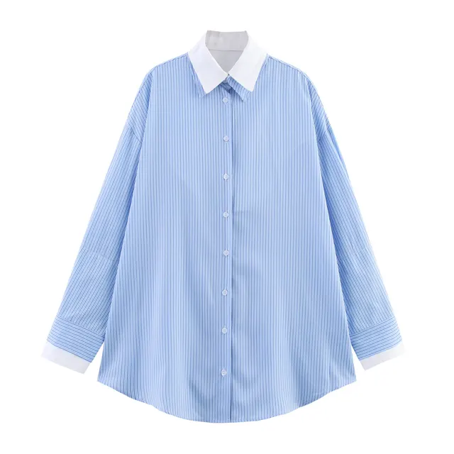 Spring And Summer Poplin Stitching Stripe Long Sleeves Shirt - Shop at LoveMi