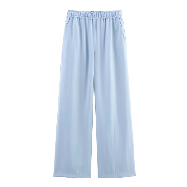 Elastic Waist Comfortable Wide Leg Casual Trousers Blue Pants - Shop at LoveMi