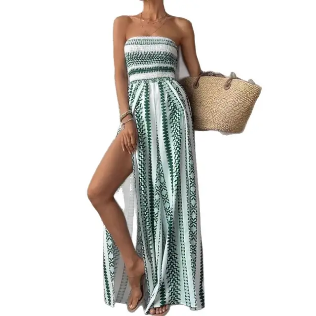 Fashion Printing Stylish Tube Top Split Jumpsuit Emerald Green - Shop at LoveMi