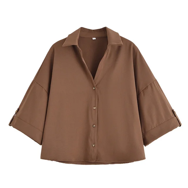 Elegant Lapel Short sleeved Shirt With Belt Loose Pleated Shorts Brown Top - Shop at LoveMi