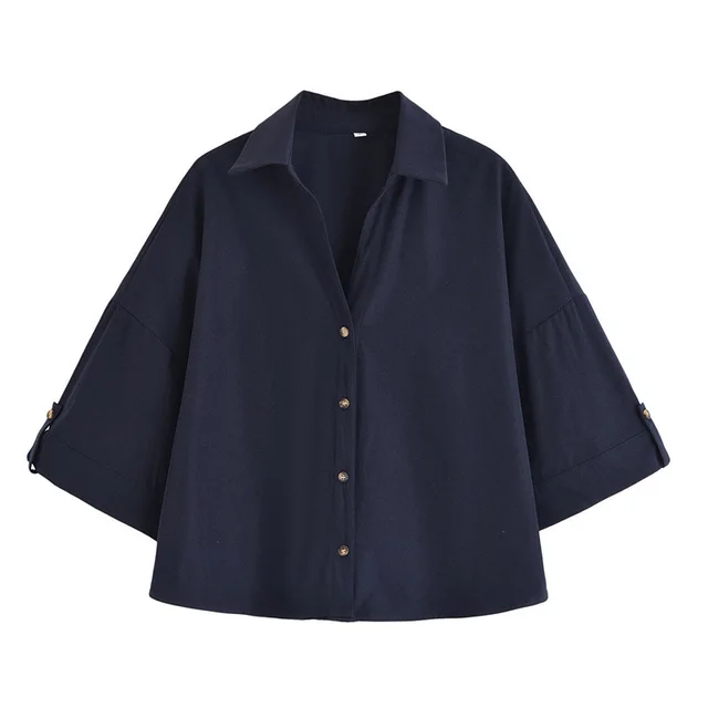 Elegant Lapel Short sleeved Shirt With Belt Loose Pleated Shorts Navy Blue Top - Shop at LoveMi