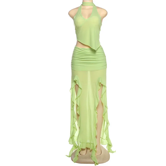 Summer Women's Cropped Vest Skirt Suit Green - Shop at LoveMi