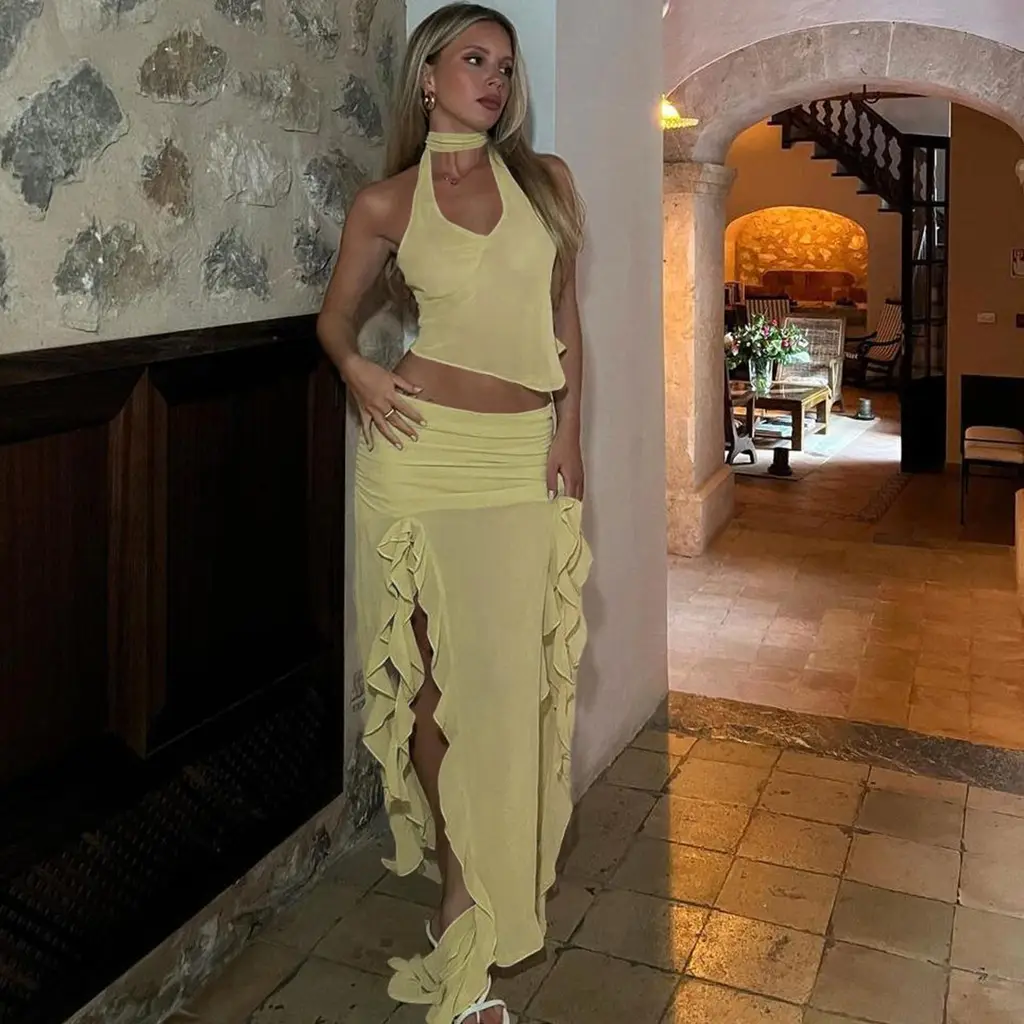 Summer Women's Cropped Vest Skirt Suit - Yellow