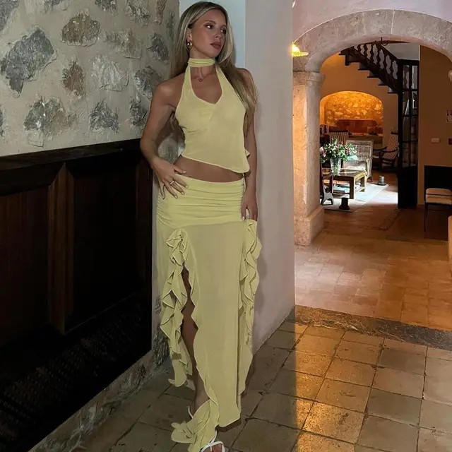 Summer Women's Cropped Vest Skirt Suit Yellow - Shop at LoveMi