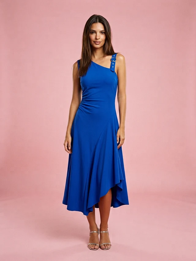 Blue Asymmetric Buckle Oblique Shoulder Strap Dress Blue - Shop at LoveMi