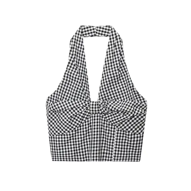 Design Halter Off the shoulder Smocking Plaid Camisole Picture Color - Shop at LoveMi