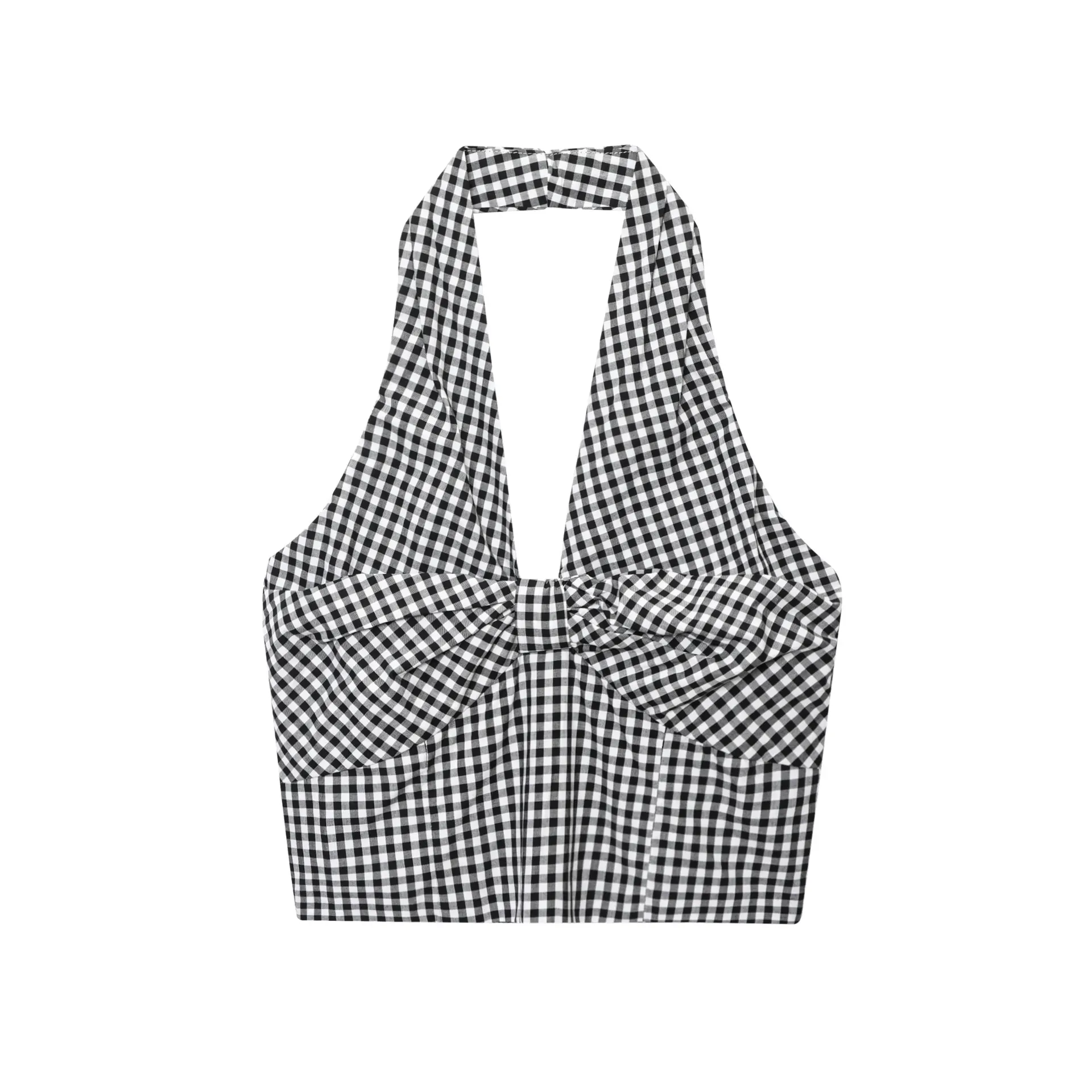 Design Halter Off-the-shoulder Smocking Plaid Camisole - View 1