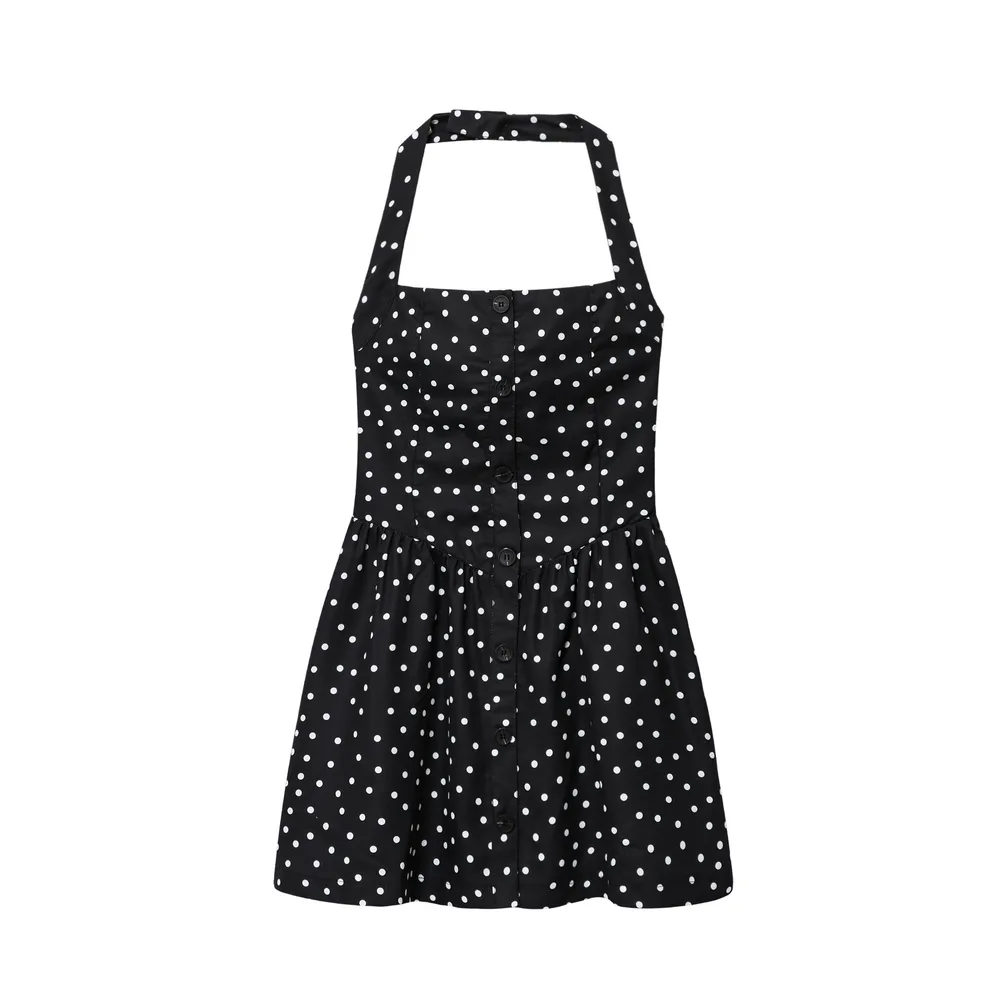 Summer Polka Dot Halter Backless Button Short Dress - Shop at LoveMi