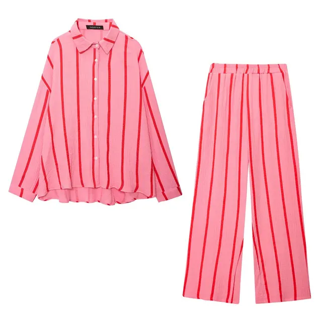 Summer Stripes Bubble Cotton Loose Casual Shirt Loose Casual Wide Leg Pants Suit Set - Shop at LoveMi