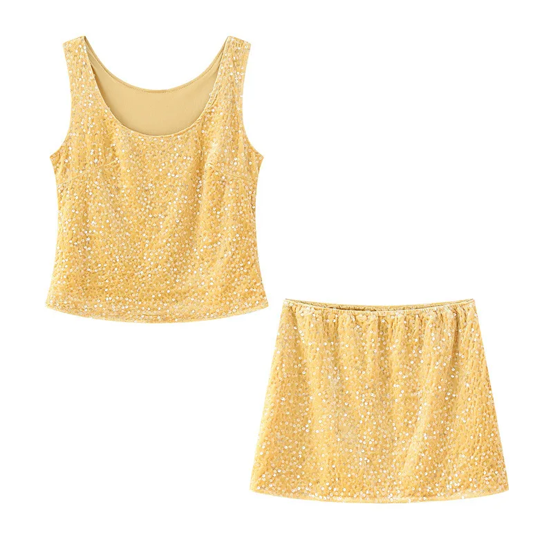 Sequin Sling Top High Waist Mid-length Dress Set - Yellow - View 1