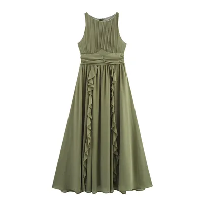 Elegance Sleeveless Ruffled Dress Army Green - Shop at LoveMi