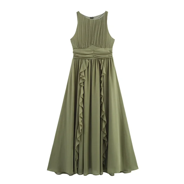 Elegance Sleeveless Ruffled Dress Army Green - Shop at LoveMi