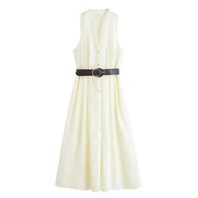 With Belt V neck Sleeveless Midi Skirt Dress White - Shop at LoveMi