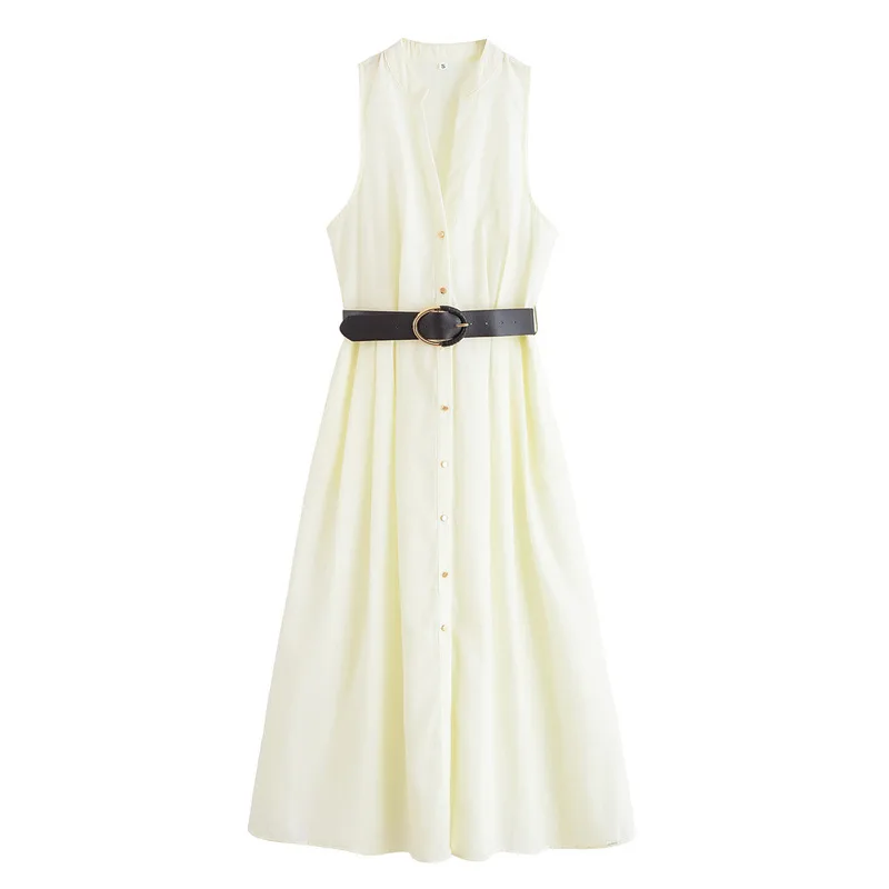 With Belt V-neck Sleeveless Midi Skirt Dress - White - View 1