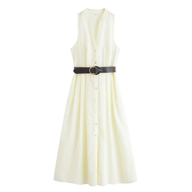 With Belt V-neck Sleeveless Midi Skirt Dress - White