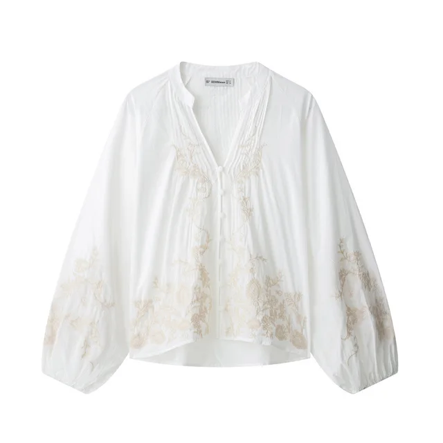 Ethnic Floral Positioning Embroidered Flower Long Sleeve Shirt - Shop at LoveMi