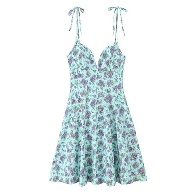 Bowknot Trim Short Sling Dress Blue Purple Floral - Shop at LoveMi
