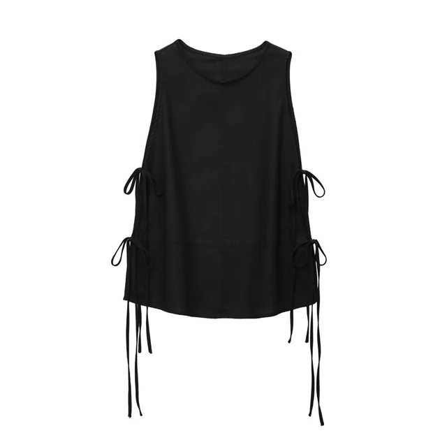 Linen Blend Lace up Sleeveless Top Black - Shop at LoveMi
