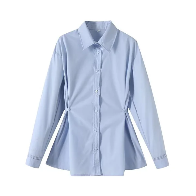 Loose And Simple Casual Waist Button Shirt Blue - Shop at LoveMi