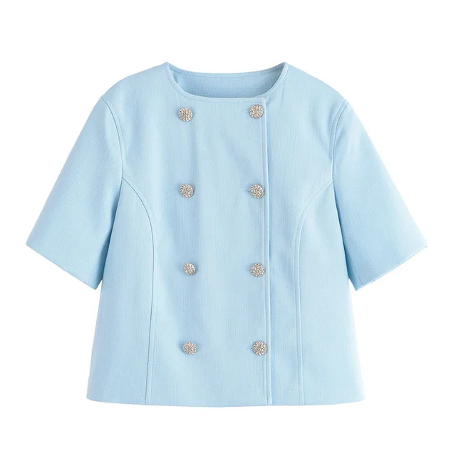 Short Sleeve Double Breasted Top High Waist Trousers Blue Coat - Shop at LoveMi