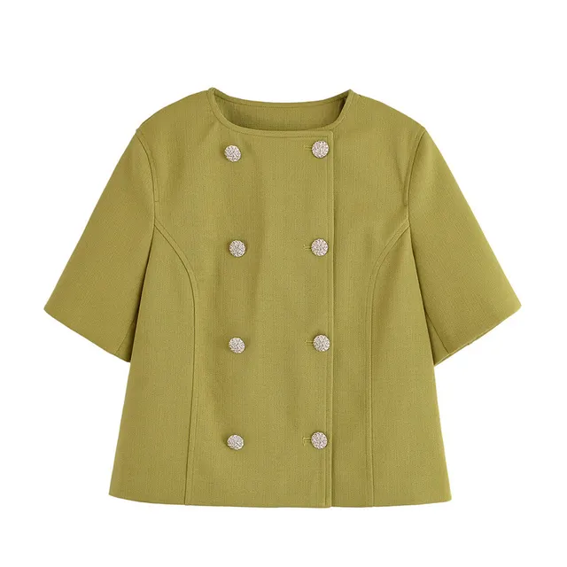 Short Sleeve Double Breasted Top High Waist Trousers Green Top - Shop at LoveMi