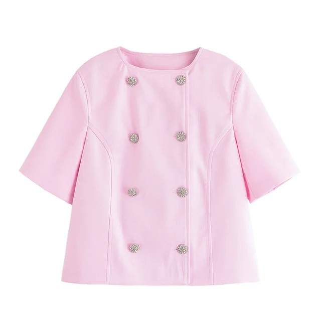 Short Sleeve Double Breasted Top High Waist Trousers Pink Top - Shop at LoveMi