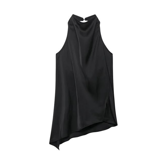 Silk Satin Texture Hanging Collar Top Two piece Set Black Top - Shop at LoveMi