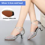Latin Dance Shoes Female Adult Mid Heel Summer - Silver