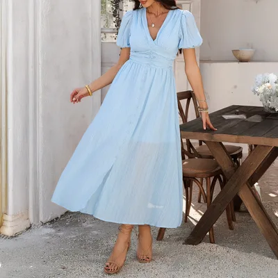 Leisure Commute Vacation Style V neck High Waist Short Sleeve Split Dress Women Sky Blue - Shop at LoveMi