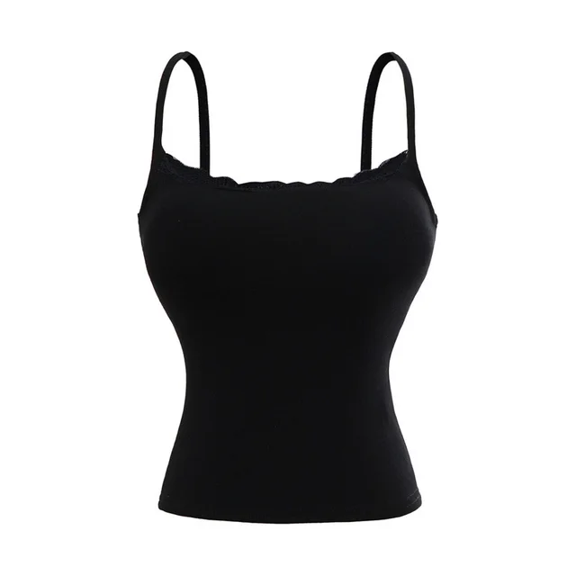 New Lace Edge Atmosphere Inner Wear Slim fit With Brassiere Pad Sweet And Spicy Vest Bottoming Shirt Black - Shop at LoveMi