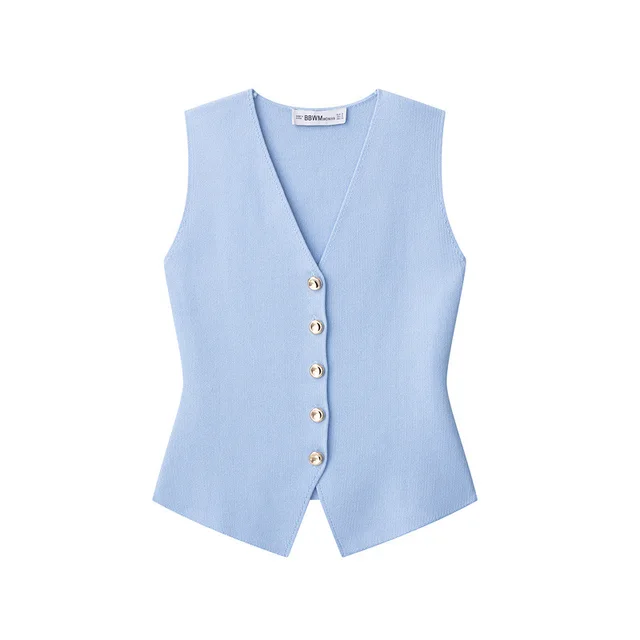 Spring And Summer Style V neck Flat Needle Vest Top Blue - Shop at LoveMi