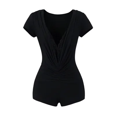 Pure Desire Style Lace Stitching Deep V Jumpsuit Black - Shop at LoveMi