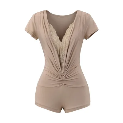 Pure Desire Style Lace Stitching Deep V Jumpsuit Khaki - Shop at LoveMi