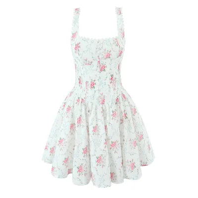 Rose Printed Lace Stitching Cotton Mini Dress White - Shop at LoveMi