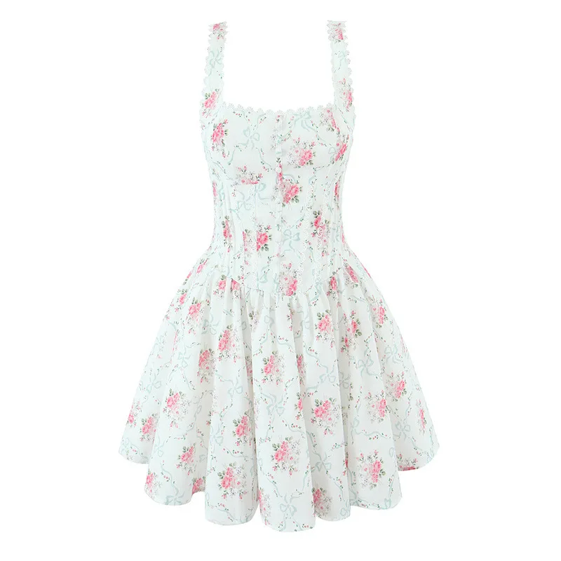 Rose Printed Lace Stitching Cotton Mini Dress White - Shop at LoveMi