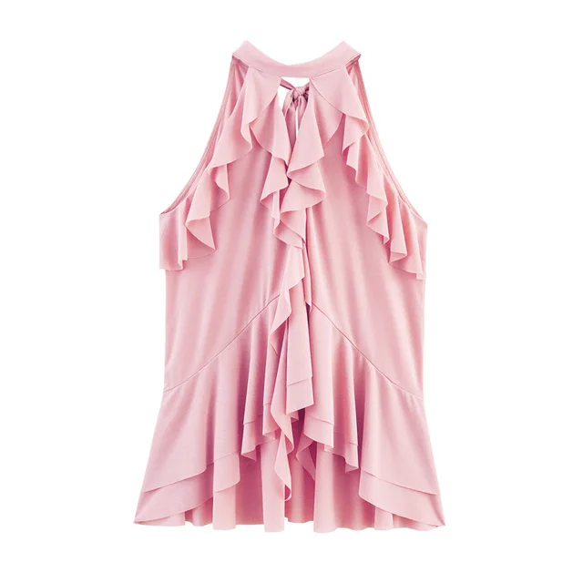 Women's Fashion Laminated Decoration Hanging Collar Top Pink - Shop at LoveMi