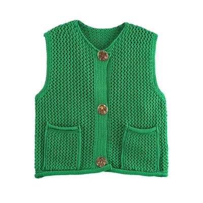New Spring And Summer European And American Style Casual Breasted Thick Needle Knitted Vest Top Dark Green - Shop at LoveMi