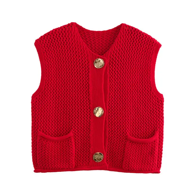 New Spring And Summer European And American Style Casual Breasted Thick Needle Knitted Vest Top Red - Shop at LoveMi