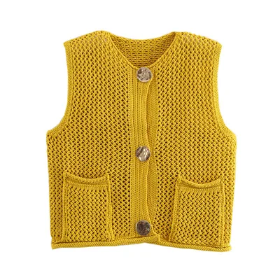 New Spring And Summer European And American Style Casual Breasted Thick Needle Knitted Vest Top Yellow - Shop at LoveMi