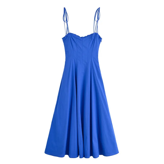 New Summer Laminated Decoration Bowknot Decoration Midi Skirt Sling Dress Blue - Shop at LoveMi