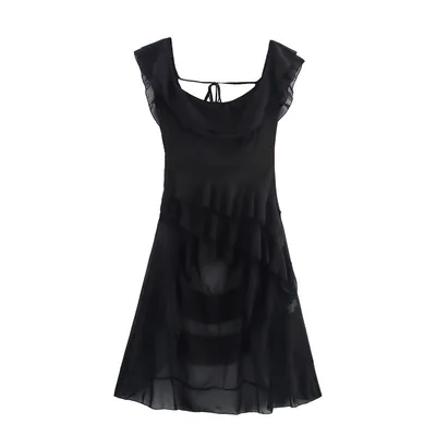 New Summer Design Irregular Ruffled Sleeveless Sling Dress Black - Shop at LoveMi