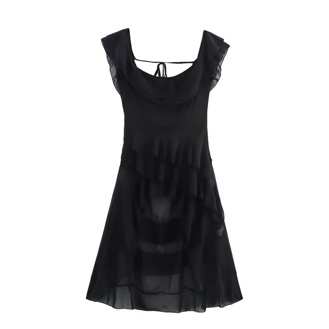 New Summer Design Irregular Ruffled Sleeveless Sling Dress Black - Shop at LoveMi