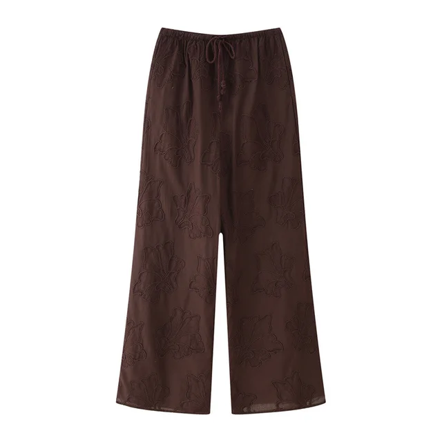 Embroidered Pajamas Style Top Pants Suit Brown Pants - Shop at LoveMi