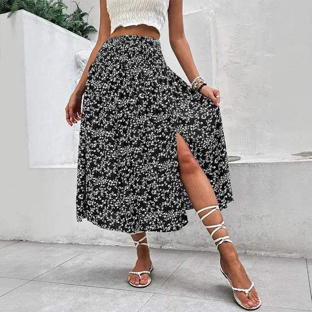 European And American Women's Clothing Casual Holiday Floral Print Split Skirt Black - Shop at LoveMi